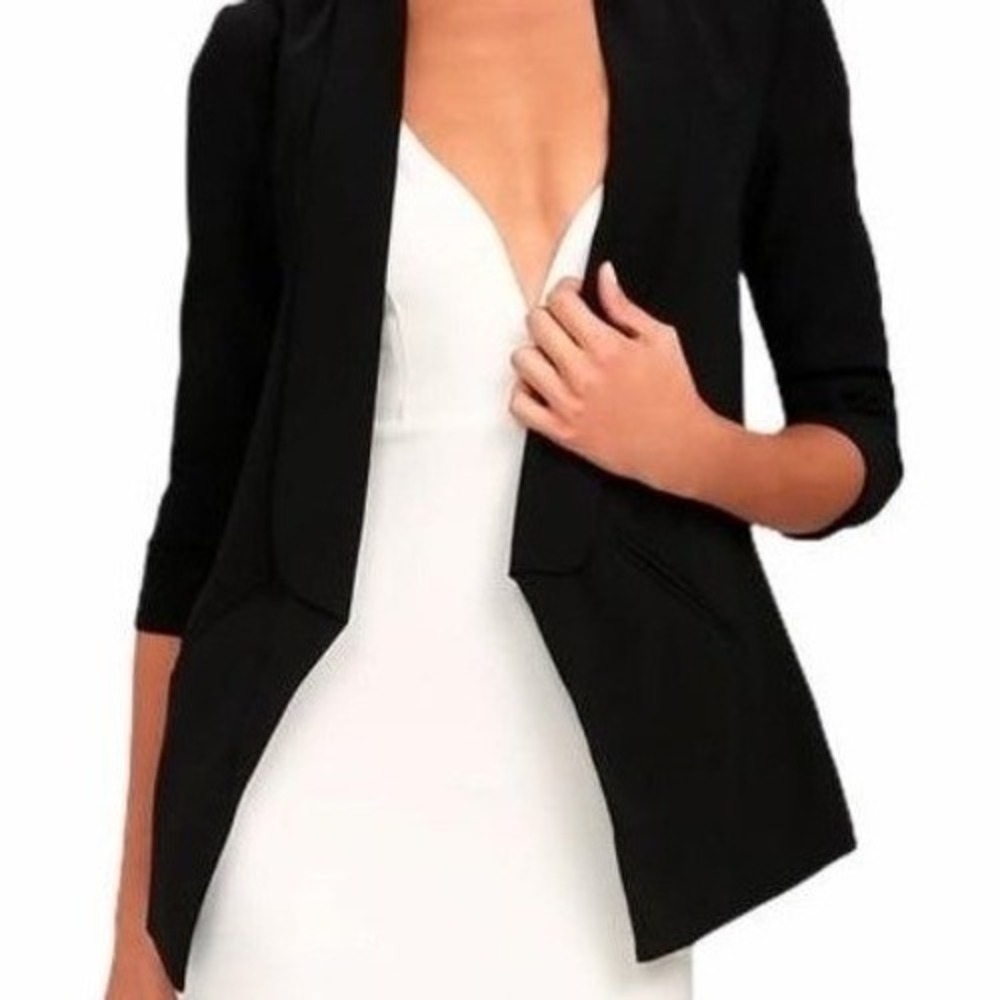 Lulus Miss Punctuality Black Open Front Blazer Size L Asymmetric Hem Work Office